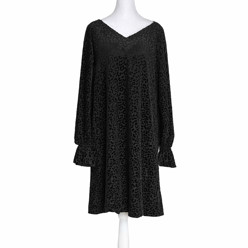 NWT Nine West Size 10 Black Leopard Print Burnout Velvet Dress Long Sleeve